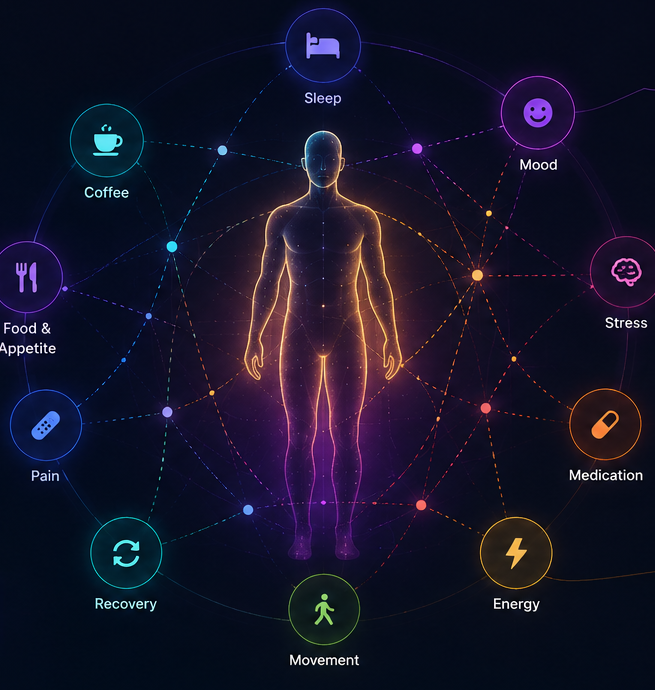 The body's signals — sleep, mood, stress, medication, energy, movement, recovery, pain, food, and coffee — all connected