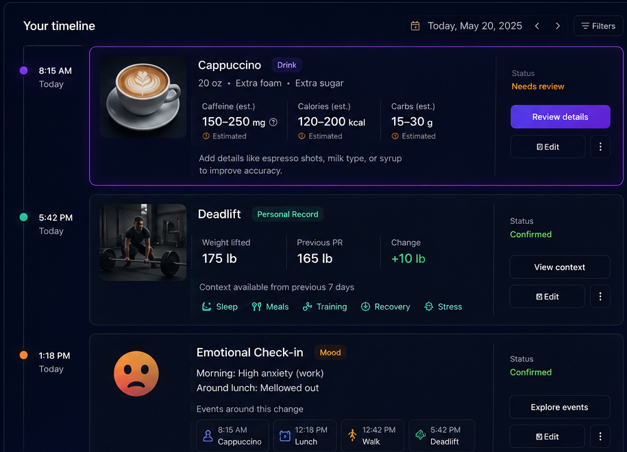 Your timeline — Cappuccino, Deadlift, and Emotional Check-in entries